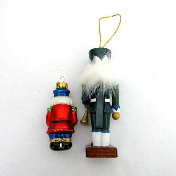 5” Wood Soldier and 3” Blown Glass Nutcracker Christmas Tree Ornaments Set of 2 - Picture 2 of 9